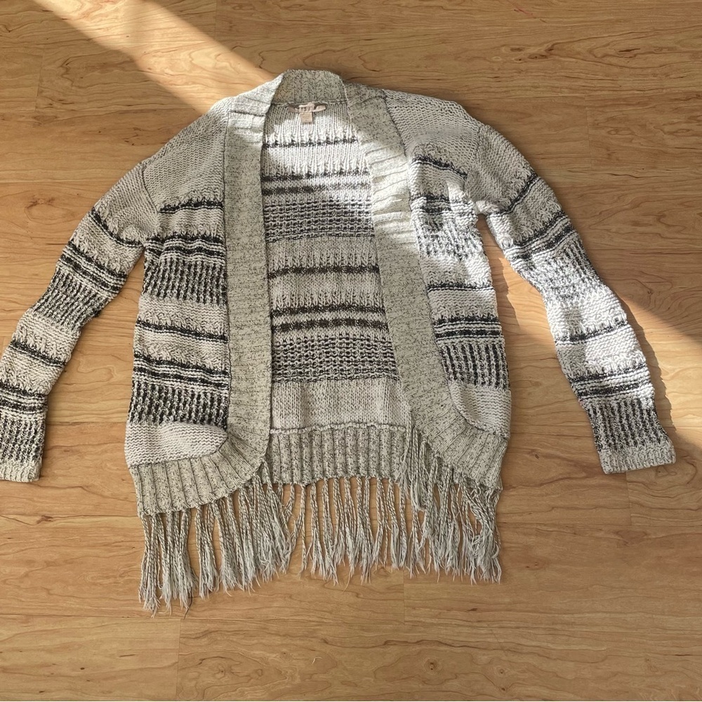 Boho Knit Fringe Open Front Cardigan Western Aztec Shawl Vintage Woman’s M - Picture 3 of 6